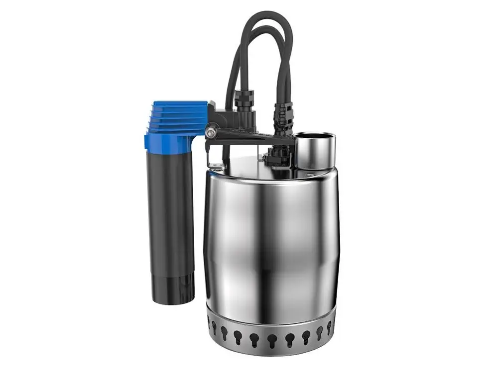 Tauchmotorpumpe mit einem Edelstahlgehäuse und einem Kunststoffteil. Ausgestattet mit einem Verbindungssystem für Schläuche. Hersteller: Grundfos.